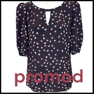 Promod Navy/Pink Floral Pattern Scoop Neck Elbow Sleeve Blouse (XS)